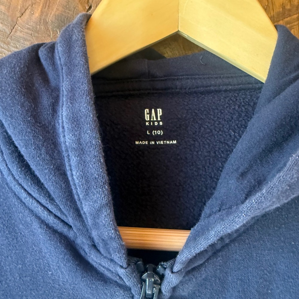 Gap Zip Up Hoodie Kids L 10 Navy Blue Cotton Blend Logo Fleece Sweatshirt - Picture 5 of 8